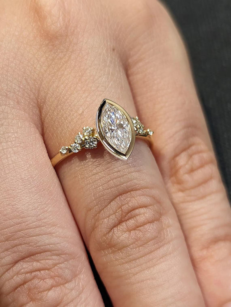Bezel set Marquise cut Lab Grown Diamond Engagement Ring | 18k Yellow Gold Rings for Women | Unique Proposal Ring | Moissanite Cluster Ring