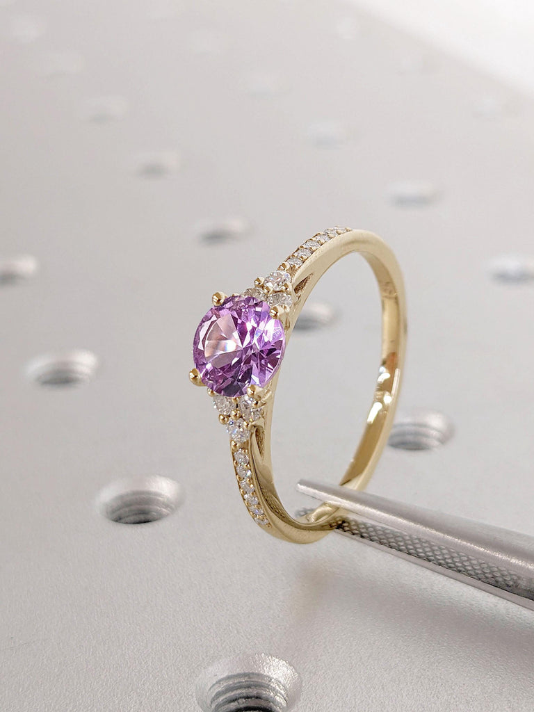 Alexandrite and Moissanite Engagement Ring | Solid Yellow Gold Ring | 14k Engagement Ring | Gold Ring for Her