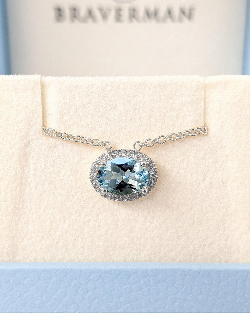 Light Blue Aquamarine Necklace | March Birthstone Handmade Jewelry | Eco Friendly Lab Aquamarine Halo Pendant | Gemstone Necklace for Women