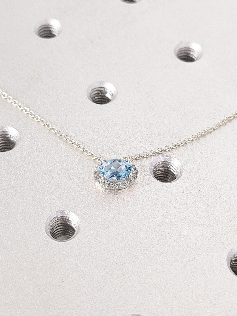 Aquamarine and Diamond Halo Pendant Necklace | White Gold Necklace Oval cut Aquamarine | Something Blue Wedding Jewelry