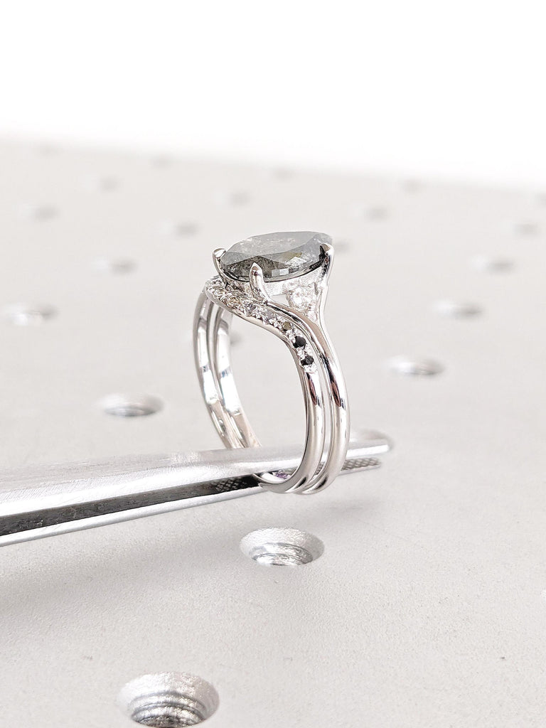 Salt and Pepper Diamond, Moissanite, Hidden Amethyst Ring, Pear Shaped Ring