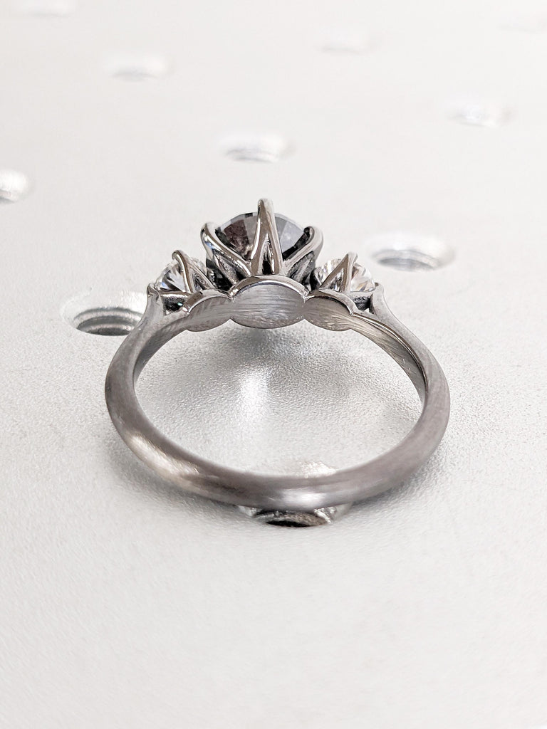 Round Diamond Engagement Ring, Matte Finished Black Ring, 3 Stone Diamond Ring, Salt and Pepper Diamond Wedding Rings for Women, Bridal Gift