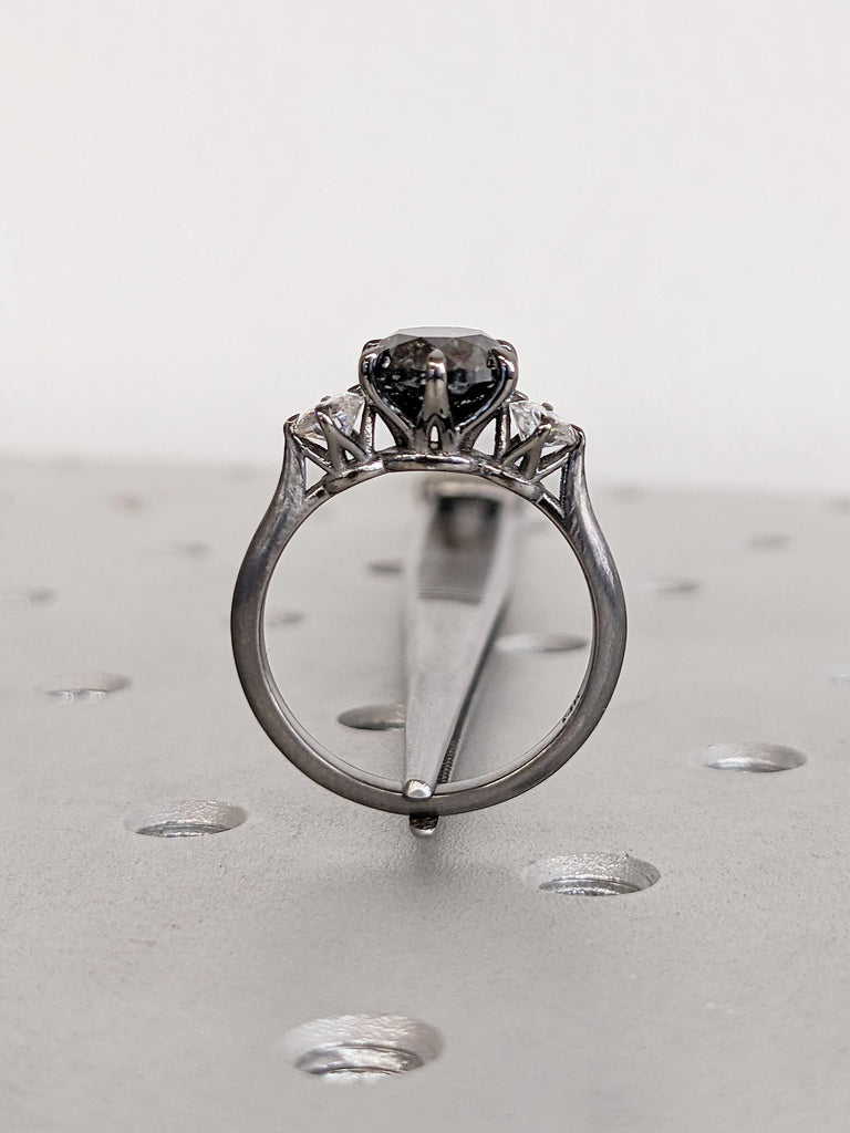 Round Diamond Engagement Ring, Matte Finished Black Ring, 3 Stone Diamond Ring, Salt and Pepper Diamond Wedding Rings for Women, Bridal Gift