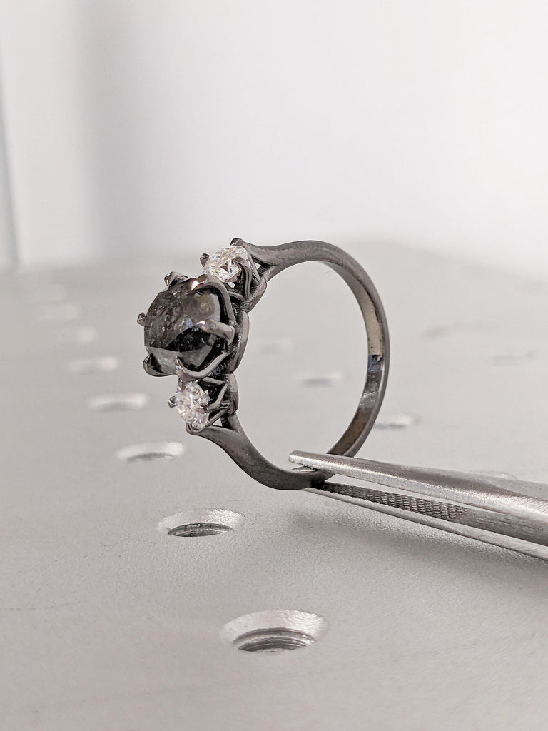 Black Gold Engagement Ring, 3 Stone Gold Promise Ring, Moissanite, Salt and Pepper Diamond Ring, Unique Gift for Mom, Dainty 14k Gold Ring