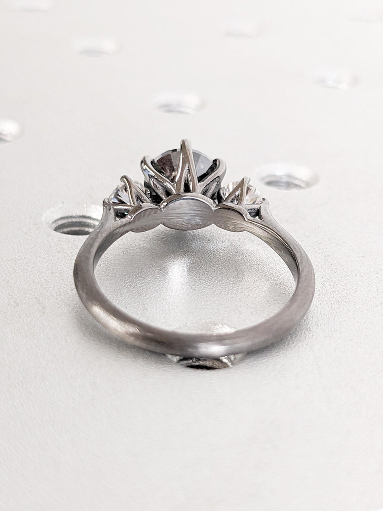 Unique Salt and Pepper Diamond Ring, Art Deco Matte Finished Black Gold Ring, Vintage Engagement Ring, 3 Stone Moissanite and Diamond Ring