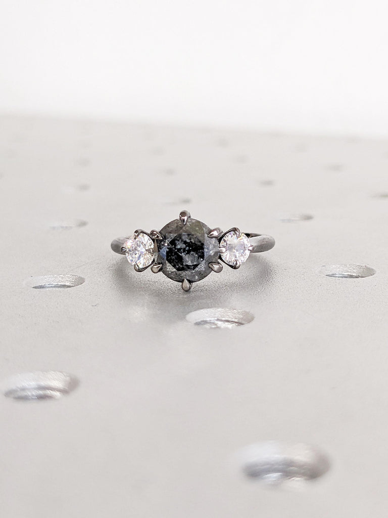 Round Diamond Engagement Ring, Matte Finished Black Ring, 3 Stone Diamond Ring, Salt and Pepper Diamond Wedding Rings for Women, Bridal Gift