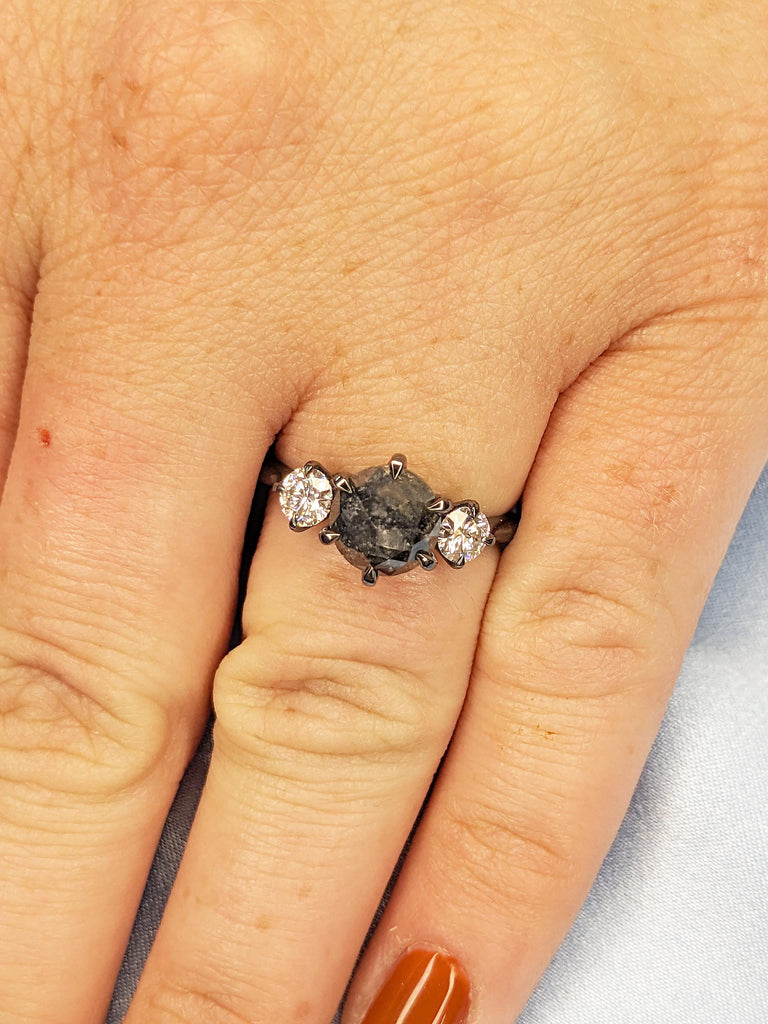 Round Diamond Engagement Ring, Matte Finished Black Ring, 3 Stone Diamond Ring, Salt and Pepper Diamond Wedding Rings for Women, Bridal Gift