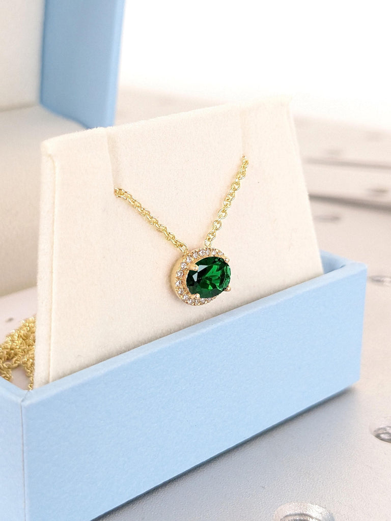 1ct Oval Green Emerald Pendant with Diamonds Halo | 18k Yellow Gold Timeless Emerald Necklace for Her | Gold Chain Necklace | East West Oval Solitaire Pendant