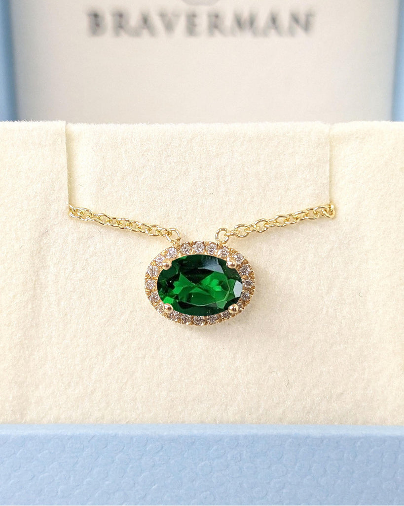 14k 18k Yellow Gold Necklace | Everyday Wear Necklace | Emerald and Diamond Necklace | Solitaire Necklace | Moissanite Halo Pendant