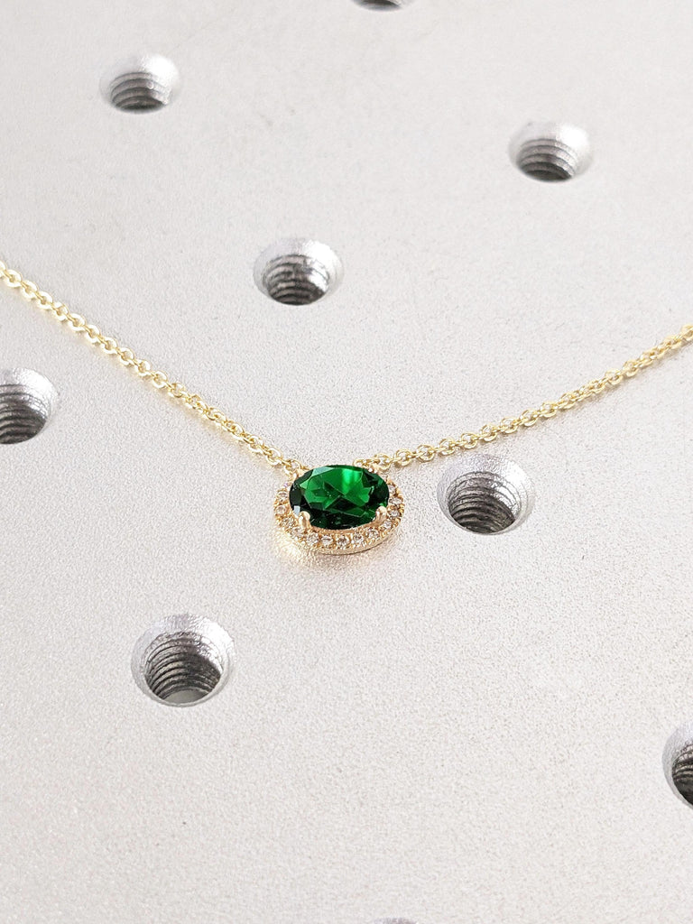Lab Grown Diamond Halo Solitaire Pendant | East West Lab Emerald Pendant Yellow Gold Necklace | Gift for Her Wife Mother Sister