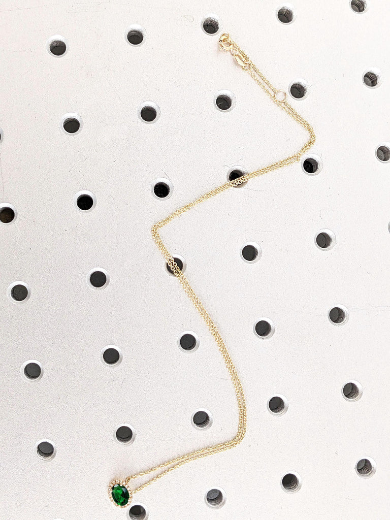 Solid Yellow Gold Chain Necklace | Lab Emerald and Diamond Necklace | Oval cut Emerald Solitaire Everyday Necklace | Moissanite Halo Pendant