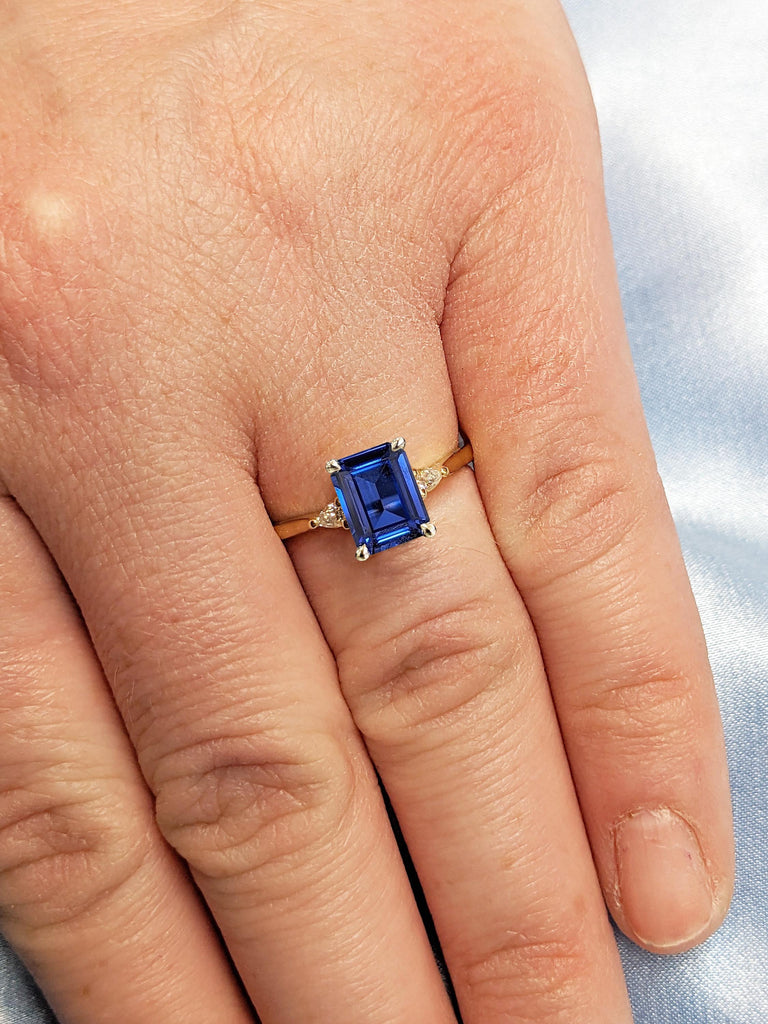 Lab Sapphire Engagement Ring | 2ct Emerald Cut Vintage Rose Gold Engagement Ring | Sapphire and Moissanite Bridal Ring Promise Ring Anniversary