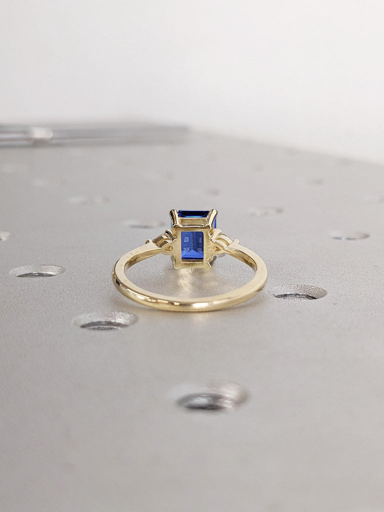Emerald Cut Sapphire Wedding Anniversary Ring | Blue Sapphire Three Stone Thin Engagement Ring | Lab Sapphire Solid Gold Rings For Women