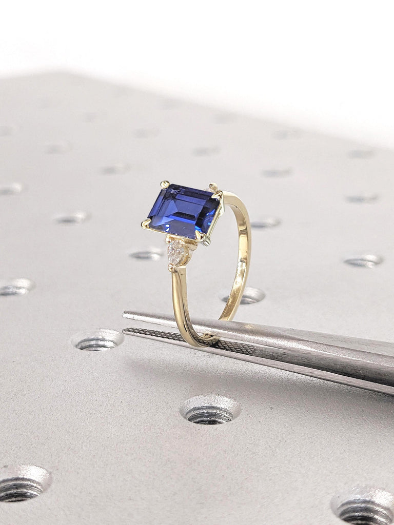 Emerald Cut Sapphire Wedding Anniversary Ring | Blue Sapphire Three Stone Thin Engagement Ring | Lab Sapphire Solid Gold Rings For Women