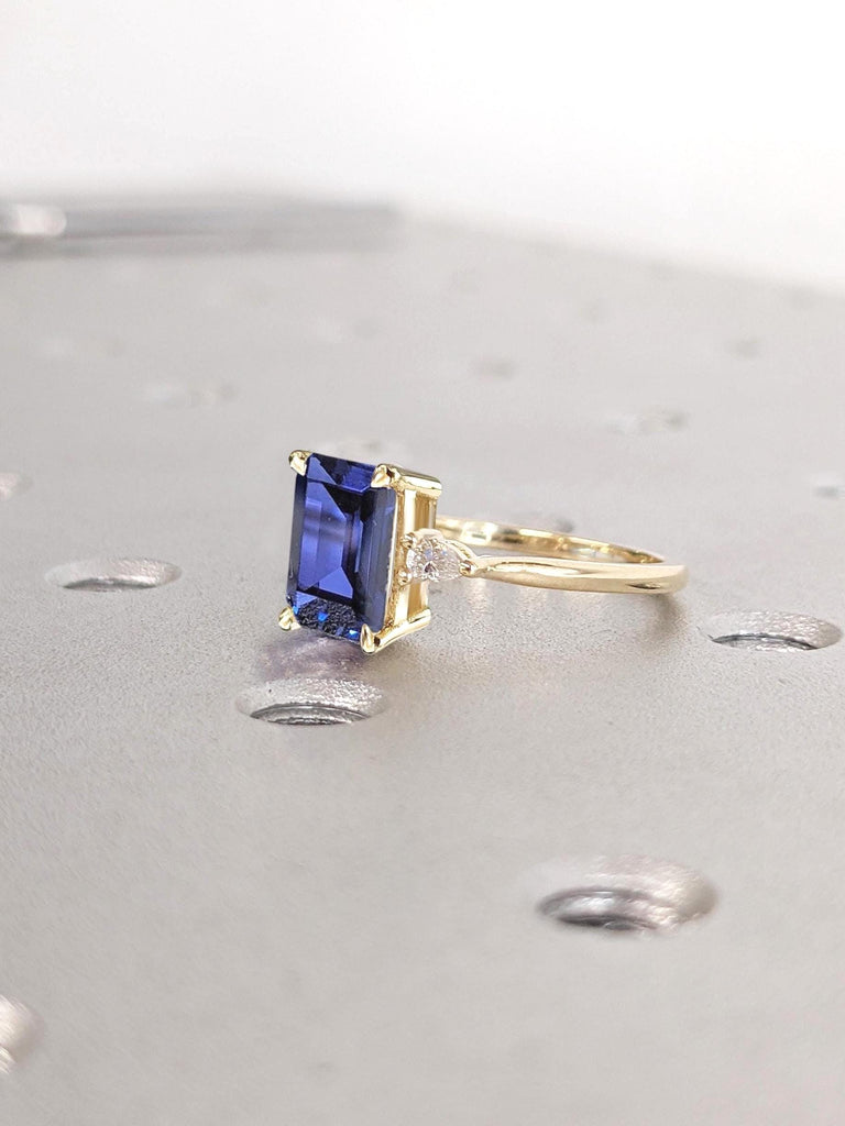 Emerald Cut Sapphire Wedding Anniversary Ring | Blue Sapphire Three Stone Thin Engagement Ring | Lab Sapphire Solid Gold Rings For Women