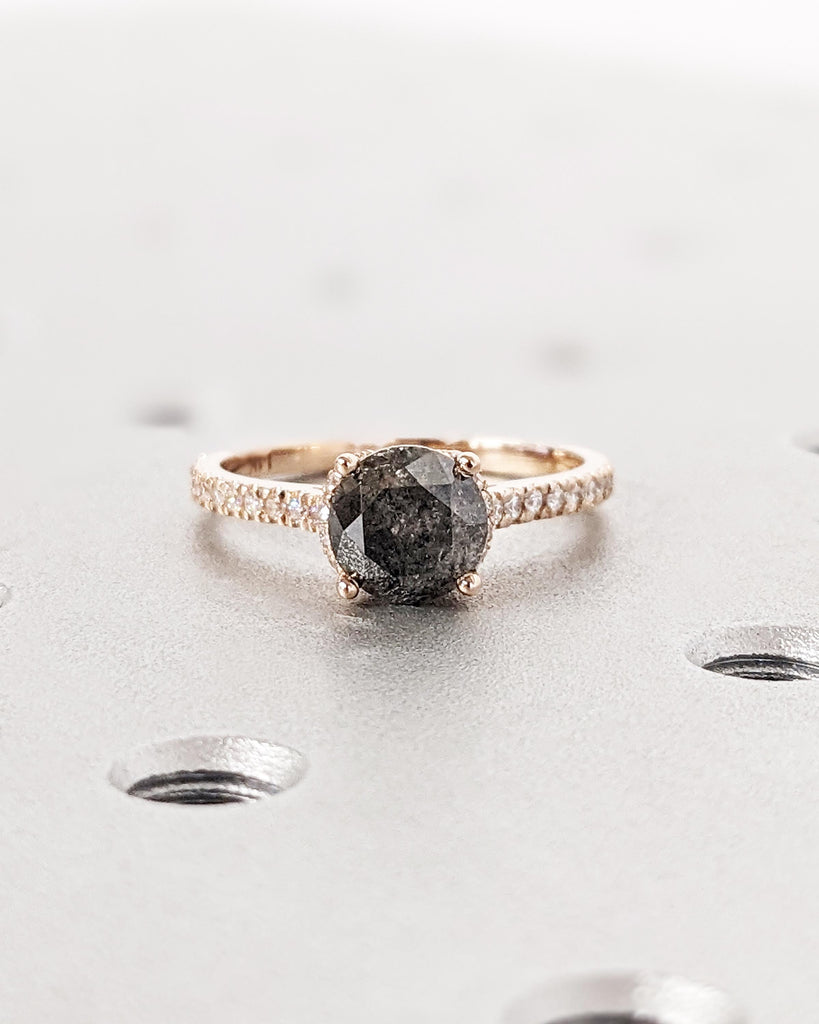 Vintage Salt and Pepper Diamond Engagement Ring, 1.5ct Round Cut, Hidden Halo, Half Eternity Pavé Band, Rose Gold Ring, Promise Ring for Her