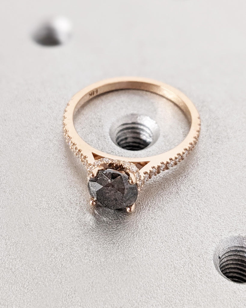Vintage Salt and Pepper Diamond Engagement Ring, 1.5ct Round Cut, Hidden Halo, Half Eternity Pavé Band, Rose Gold Ring, Promise Ring for Her