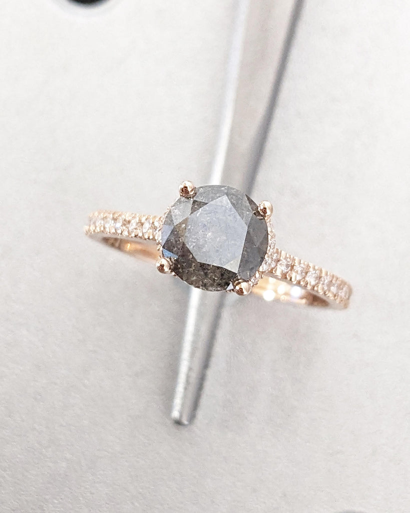 Vintage Salt and Pepper Diamond Engagement Ring, 1.5ct Round Cut, Hidden Halo, Half Eternity Pavé Band, Rose Gold Ring, Promise Ring for Her
