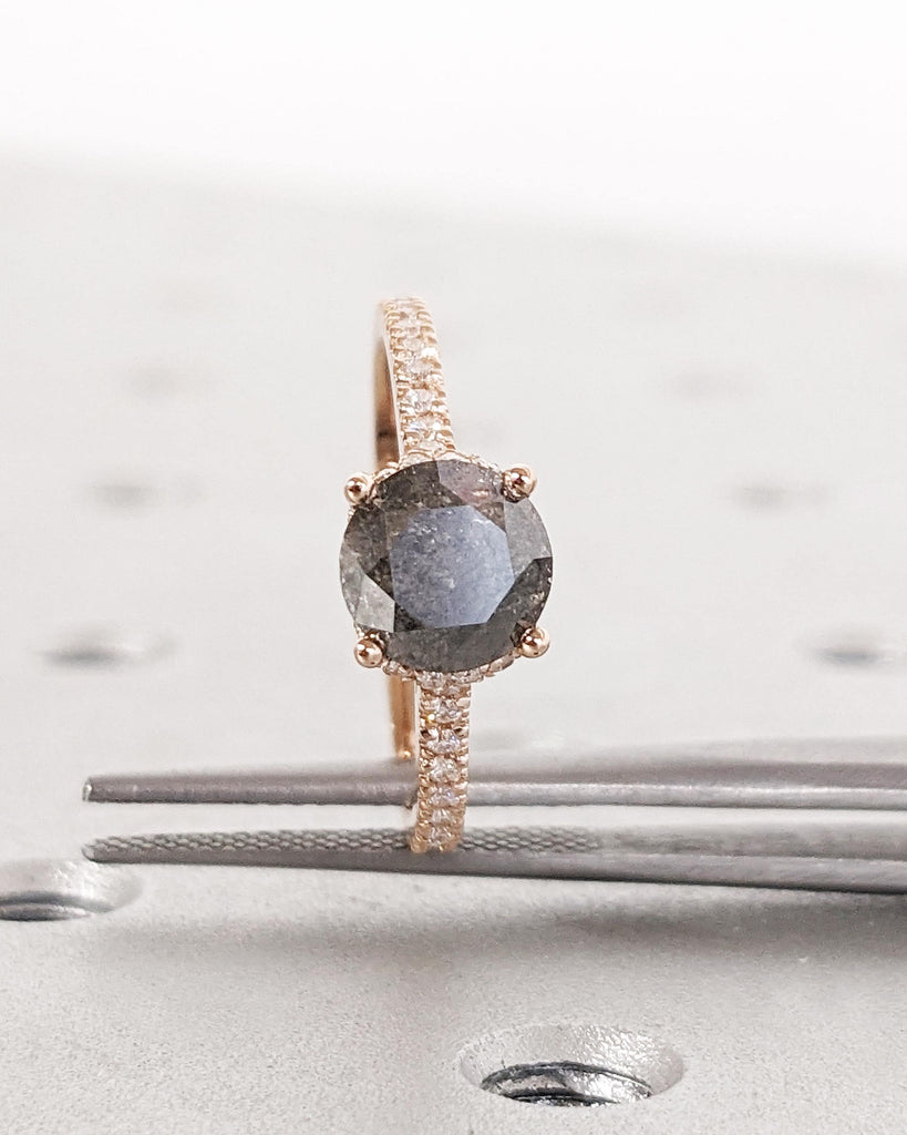 Vintage Salt and Pepper Diamond Engagement Ring, 1.5ct Round Cut, Hidden Halo, Half Eternity Pavé Band, Rose Gold Ring, Promise Ring for Her