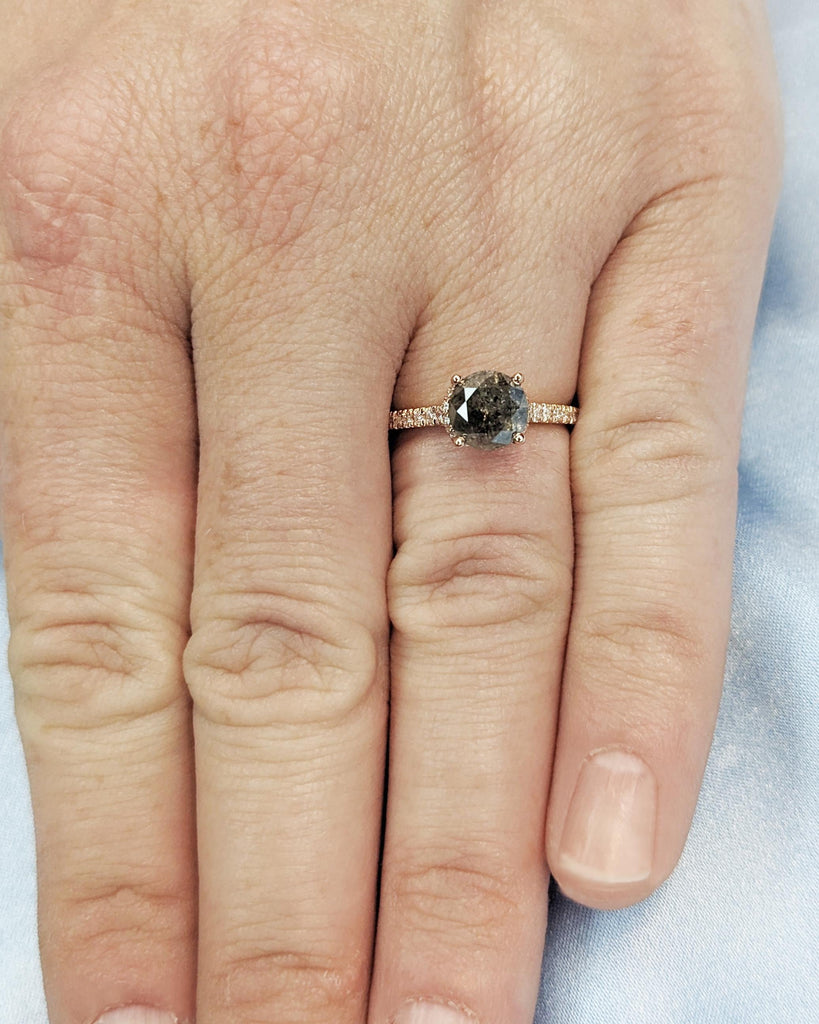 Vintage Salt and Pepper Diamond Engagement Ring, 1.5ct Round Cut, Hidden Halo, Half Eternity Pavé Band, Rose Gold Ring, Promise Ring for Her