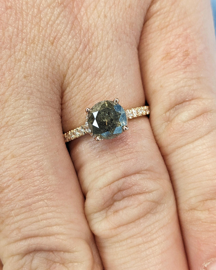Vintage Salt and Pepper Diamond Engagement Ring, 1.5ct Round Cut, Hidden Halo, Half Eternity Pavé Band, Rose Gold Ring, Promise Ring for Her