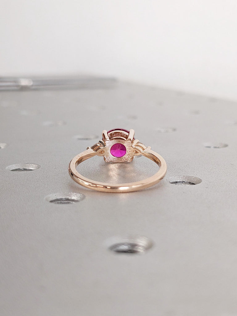 1ct, 2 Carat Ruby Red Gemstone Engagement Ring | Art Deco Wedding Anniversary Real Gold Rings for Women | Three Stone Thin Engagement Ring