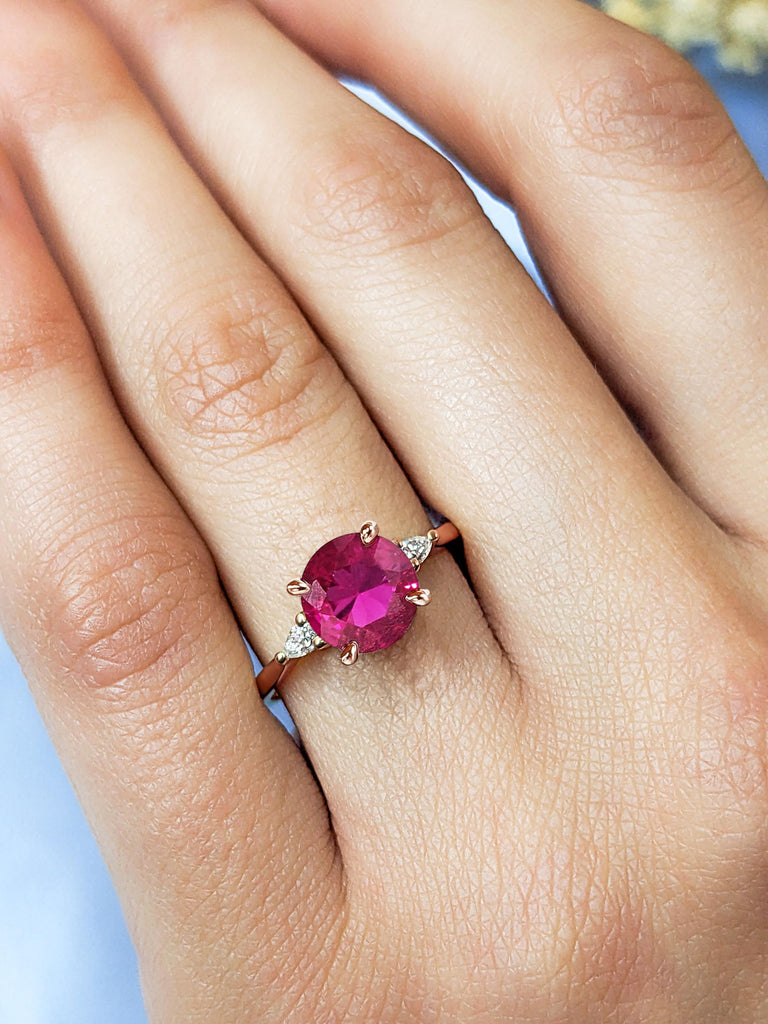 Round Cut 2ct Red Ruby Engagement Ring | Lab Created Ruby Wedding Ring | Ruby Rose Gold Promise Rings For Women