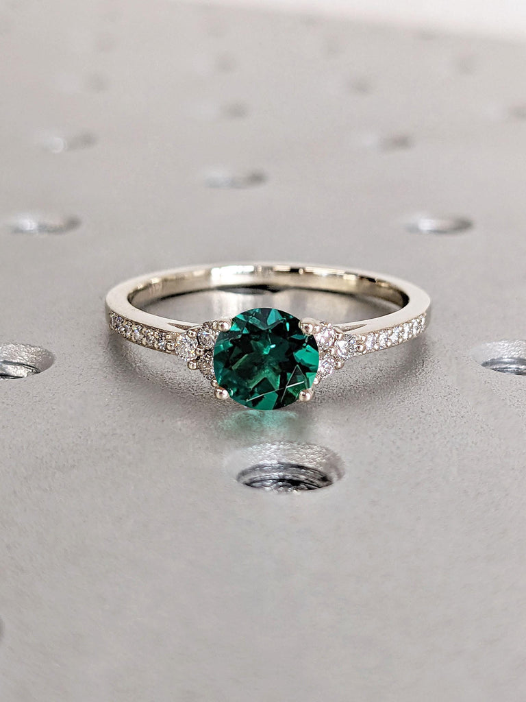 1ct Round cut Emerald Gemstone Engagement Ring | 14k White Gold Promise Ring | Thin Gold Ring | Women Wedding Ring Jewelry