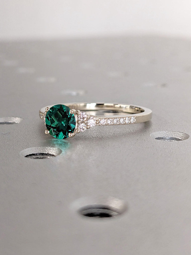 Round Emerald Green Gemstone Engagement Ring | 14k White Gold Rings for Women | Diamond Cluster Ring | Paved Moissanite Half Eternity Band image #4