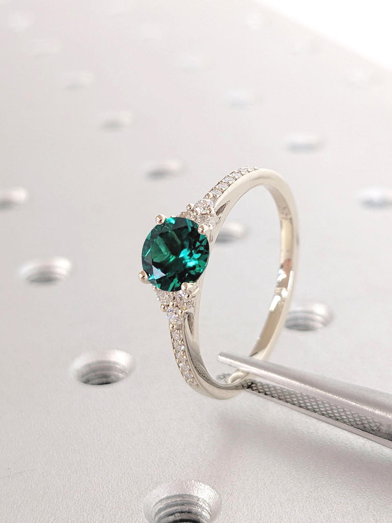 Beautiful Round Emerald Engagement Ring | 14k White Gold Rings for Women | Diamond Cluster Ring | Paved Moissanite Half Eternity Band