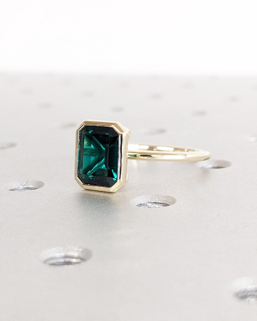 Unique May Birthstone Ring - 14K Gold Emerald Cut Lab Emerald Engagement Ring - Bezel Set Emerald Anniversary Ring - Vintage Solitaire Ring