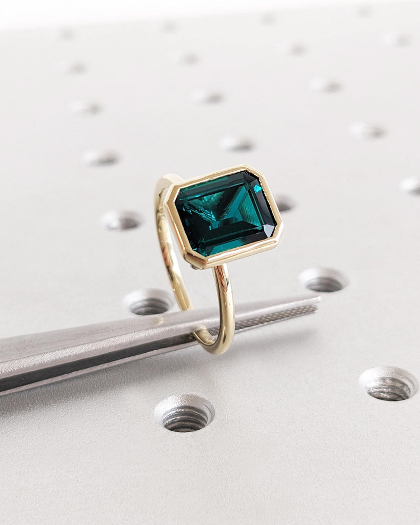 Unique May Birthstone Ring - 14K Gold Emerald Cut Lab Emerald Engagement Ring - Bezel Set Emerald Anniversary Ring - Vintage Solitaire Ring