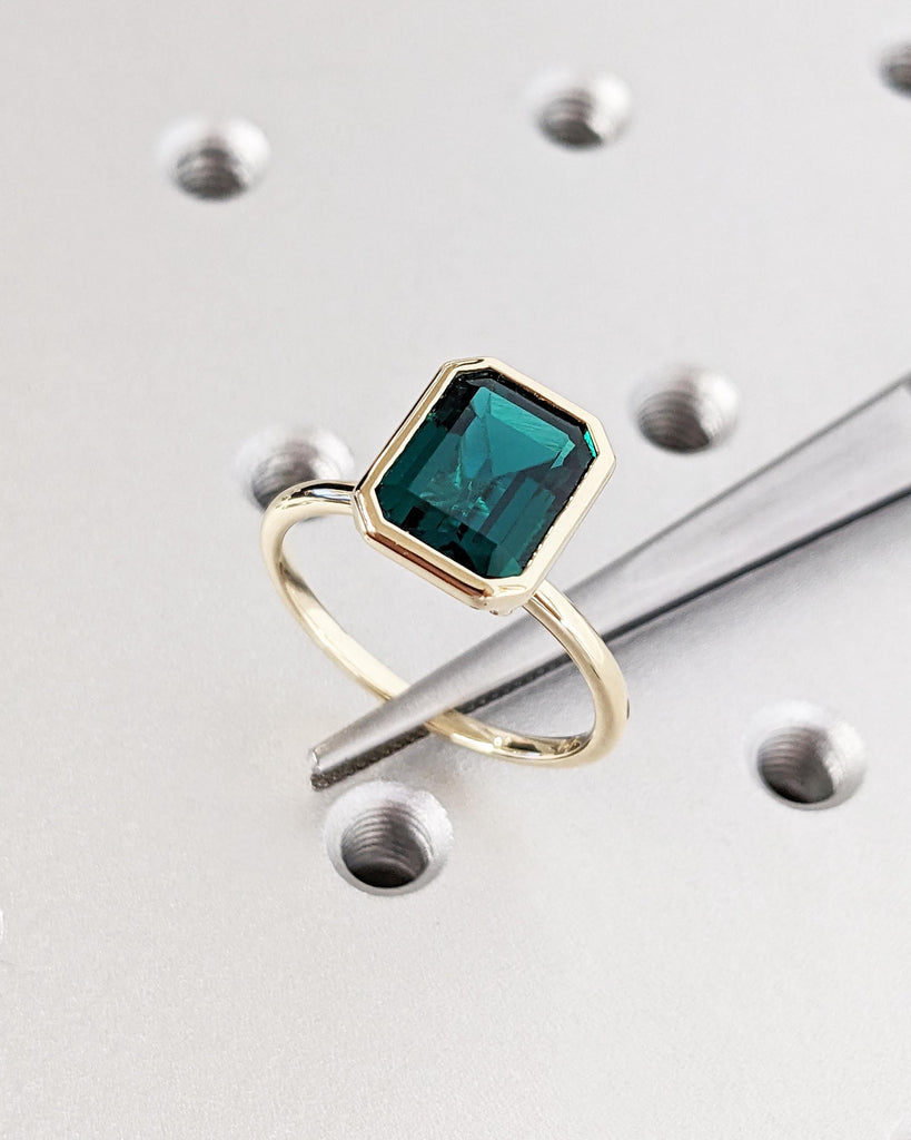 Unique May Birthstone Ring - 14K Gold Emerald Cut Lab Emerald Engagement Ring - Bezel Set Emerald Anniversary Ring - Vintage Solitaire Ring