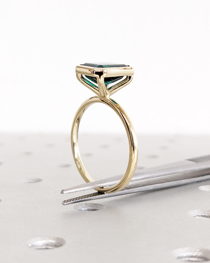 Vintage Emerald Engagement Ring, Dainty Bezel Set Emerald Ring, 14K Yellow Gold Emerald Cut Ring, Solitaire Gemstone Ring, Anniversary Ring