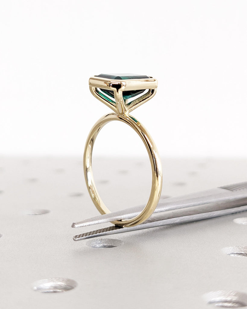 Unique May Birthstone Ring - 14K Gold Emerald Cut Lab Emerald Engagement Ring - Bezel Set Emerald Anniversary Ring - Vintage Solitaire Ring