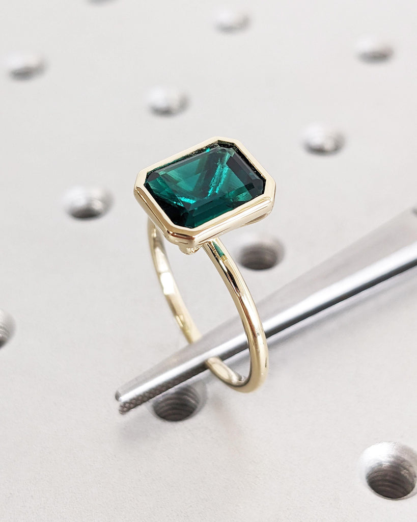 Unique May Birthstone Ring - 14K Gold Emerald Cut Lab Emerald Engagement Ring - Bezel Set Emerald Anniversary Ring - Vintage Solitaire Ring