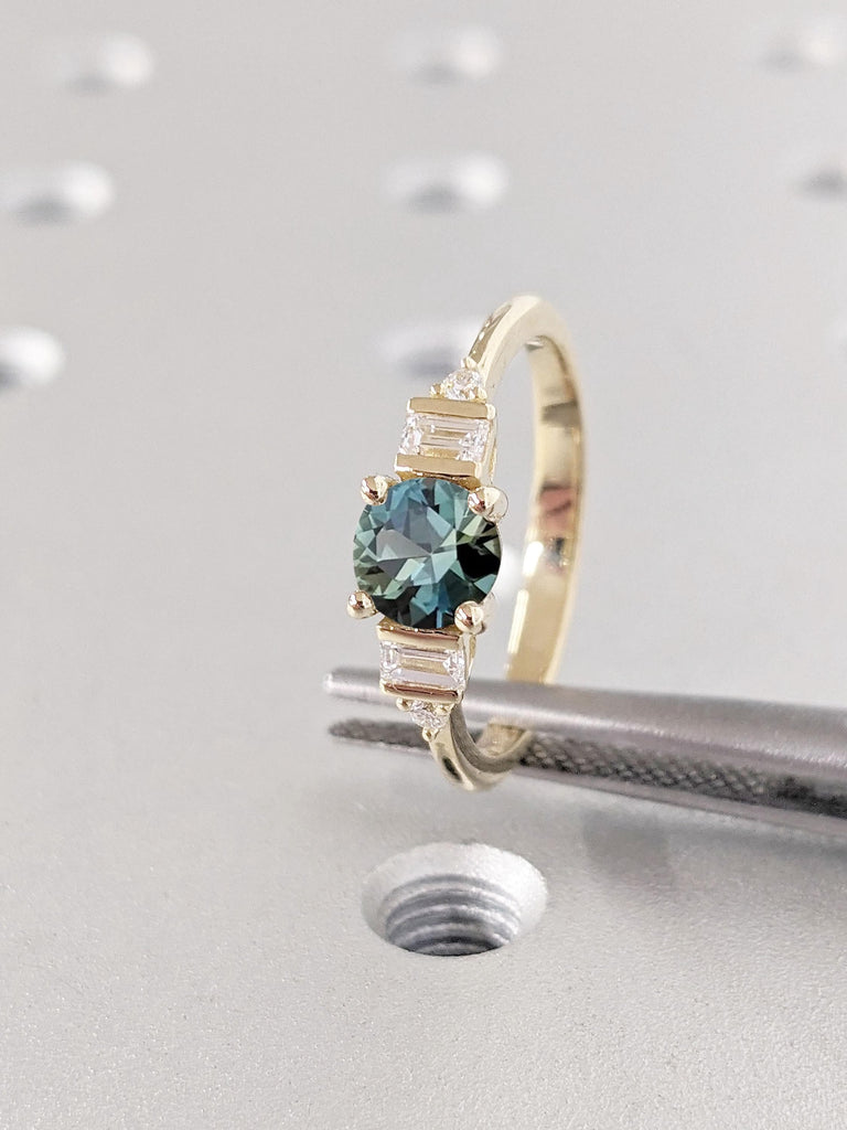 Unique Natural Teal Sapphire and Diamond Engagement Ring | 0.5ct Round cut Sapphire Yellow Gold Promise Ring | 14k Thin Gold Rings for Women