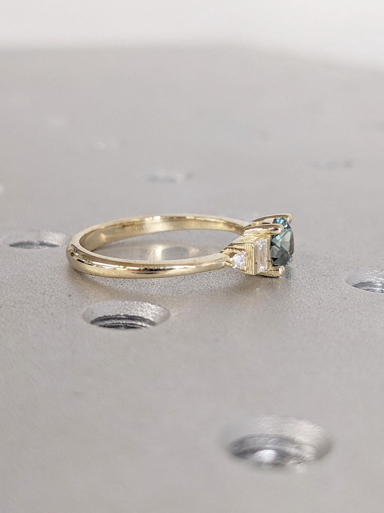 Unique Natural Teal Sapphire and Diamond Engagement Ring | 0.5ct Round cut Sapphire Yellow Gold Promise Ring | 14k Thin Gold Rings for Women