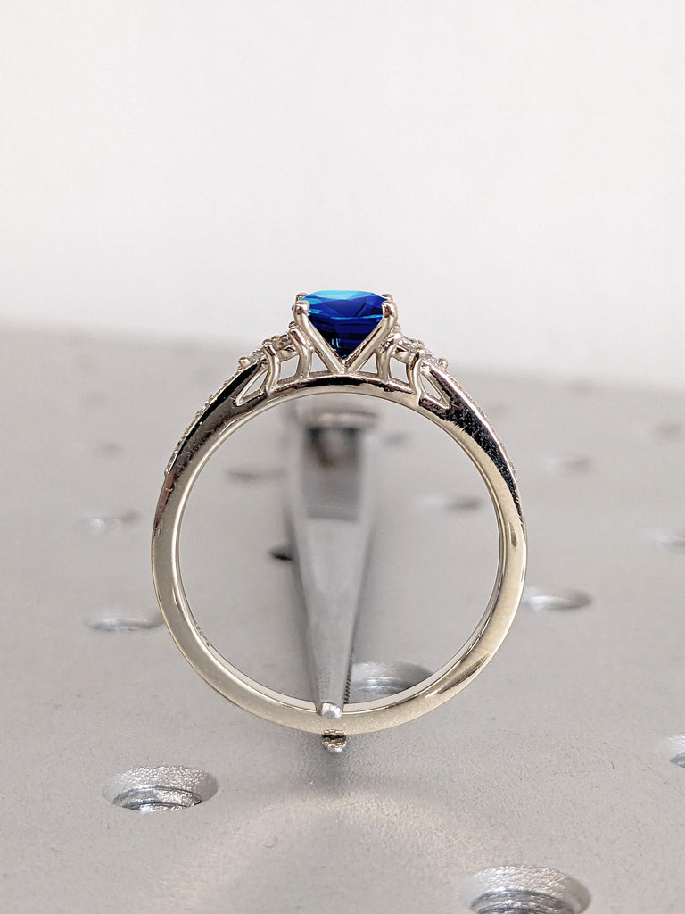 Sapphire and Diamond White Gold Ring | Round Tiny Moissanite Half Eternity Band | Sapphire Wedding Anniversary Ring | Round Engagement Ring