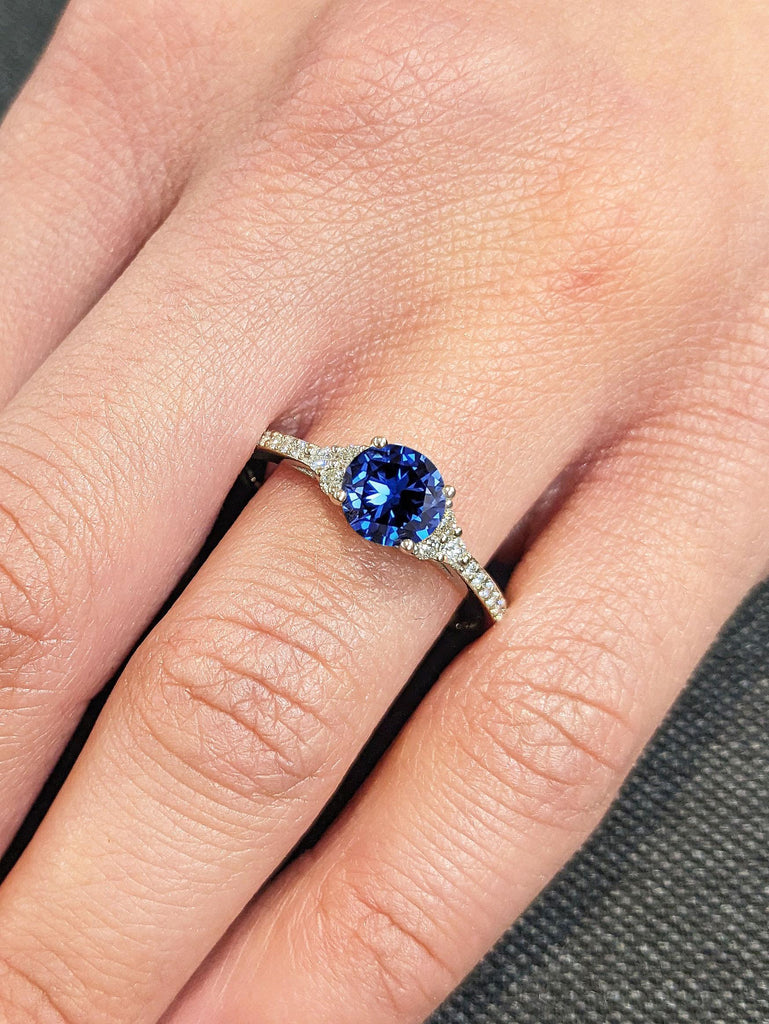 Sapphire and Diamond White Gold Ring | Round Tiny Moissanite Half Eternity Band | Sapphire Wedding Anniversary Ring | Round Engagement Ring