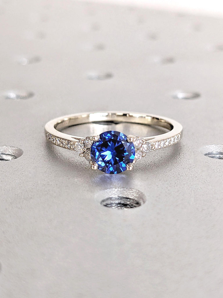 Sapphire and Diamond White Gold Ring | Round Tiny Moissanite Half Eternity Band | Sapphire Wedding Anniversary Ring | Round Engagement Ring