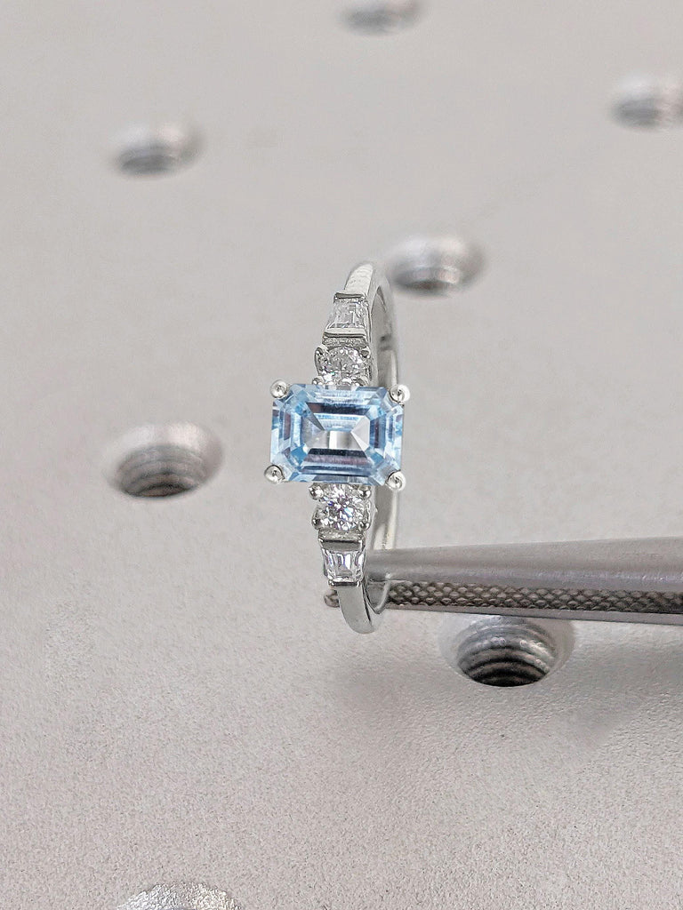 14k 18k White Gold Light Blue Aquamarine Rings for Women | 14k Gold Gemstone Engagement Ring | Emerald cut Engagement Ring | Promise Anniversary Ring