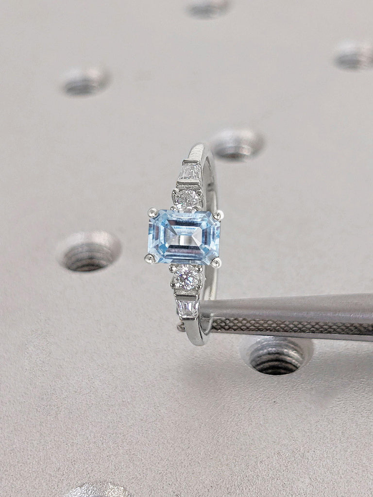 14k 18k White Gold Light Blue Aquamarine Rings for Women | 14k Gold Gemstone Engagement Ring | Emerald cut Engagement Ring | Promise Anniversary Ring