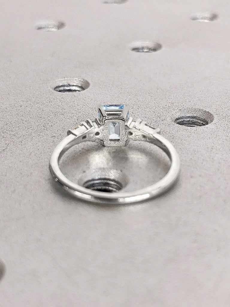 Solid Gold Gemstone Engagement Ring | 14k 18k White Gold Light Blue Aquamarine Rings for Women | Emerald cut Ring | Promise Anniversary Ring