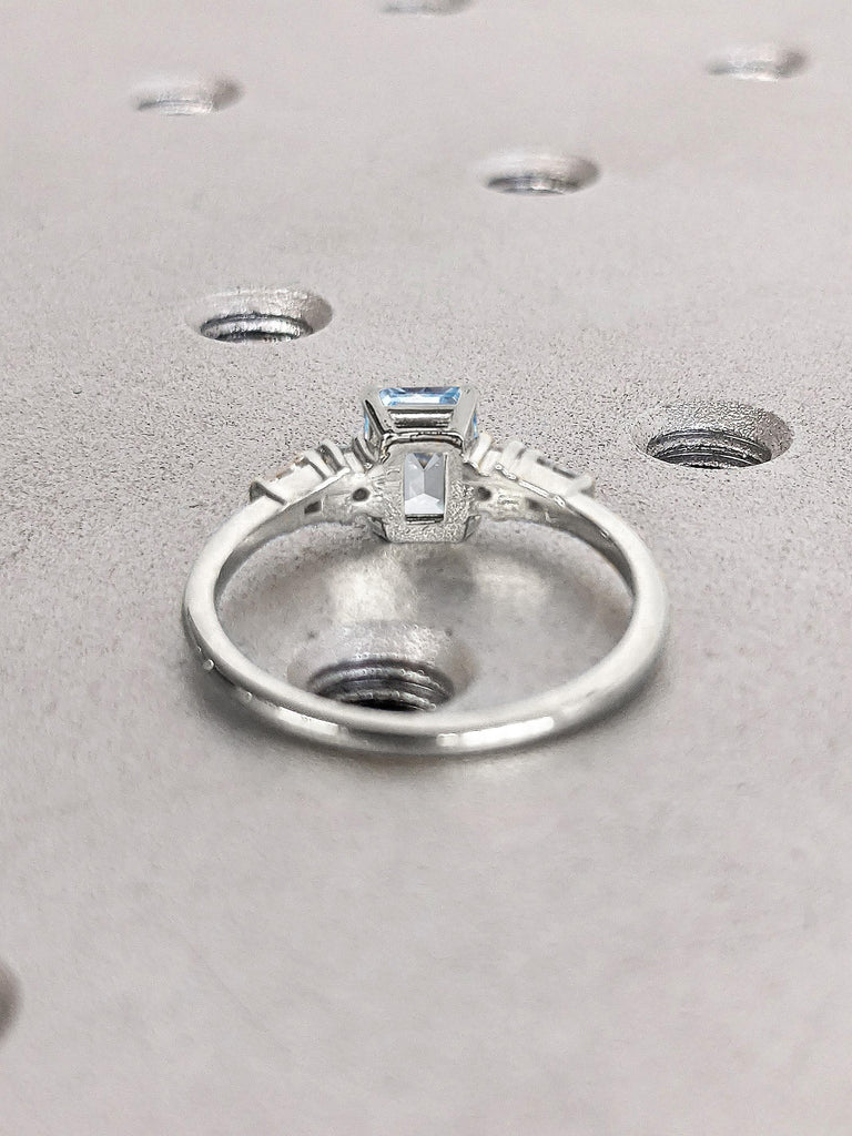 March Birthstone Emerald Cut Aquamarine and Diamond Ring | Art Deco 5 Stone Bridal Ring | Something Blue Wedding Anniversary Ring for Wife