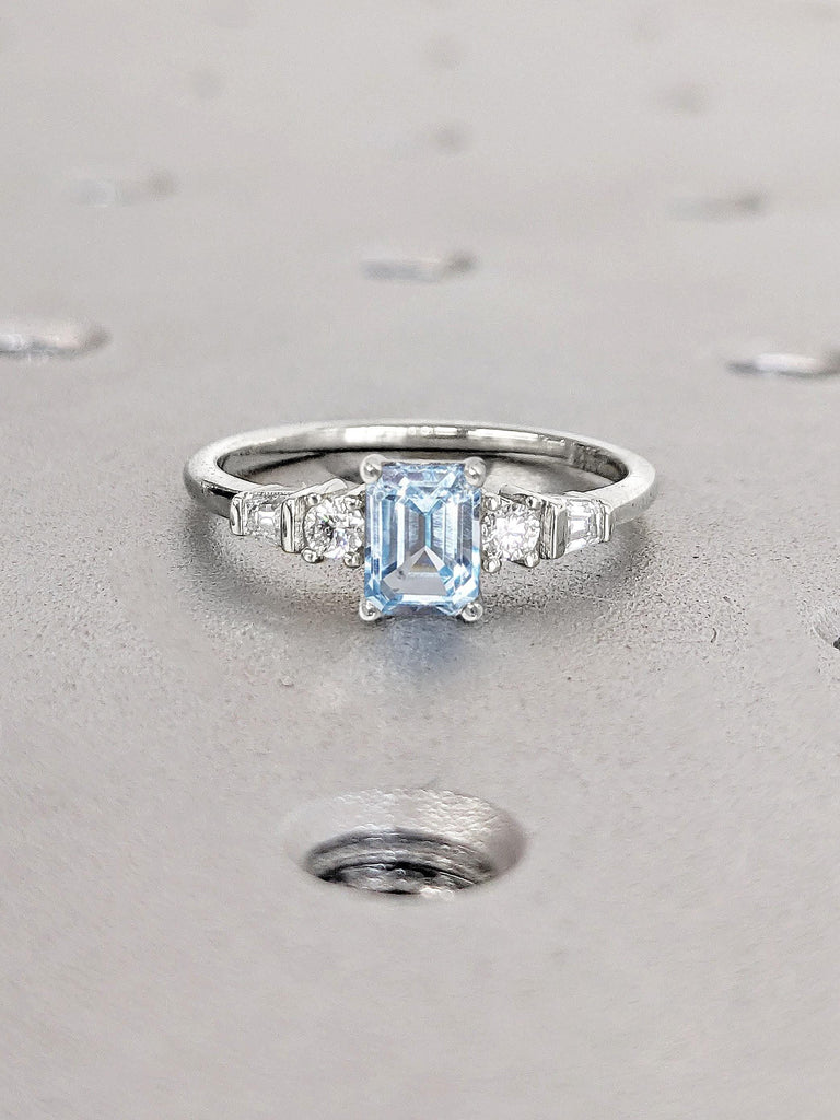 Emerald cut 1 - 2 Carat Lab Created Aquamarine Engagement Ring | 14k 18k White Gold Rings for Women | Modern Engagement Ring