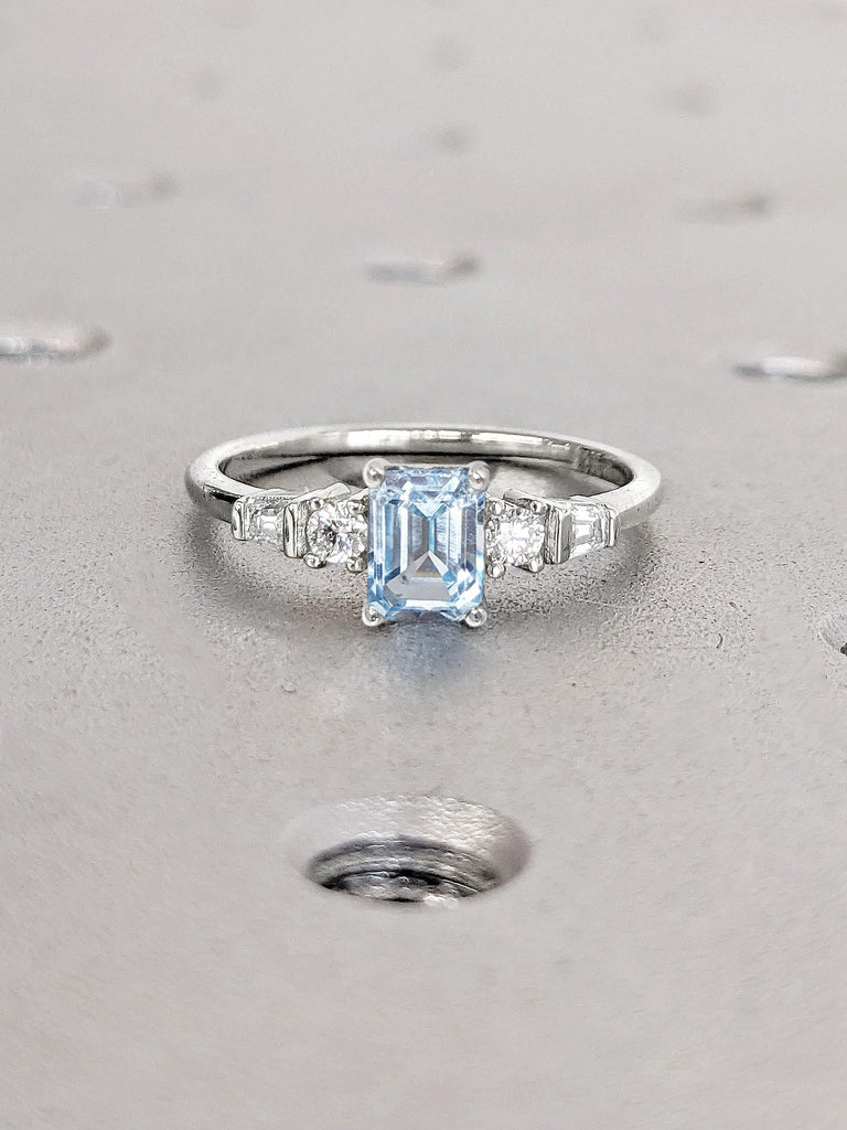 Emerald cut 1 - 2 Carat Lab Created Aquamarine Engagement Ring | 14k 18k White Gold Rings for Women | Modern Engagement Ring