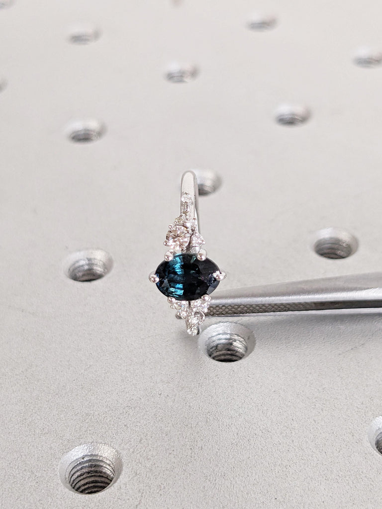 Teal Sapphire Ring, White Gold Ring, Oval Engagement Ring, Moissanite Cluster Ring, Sapphire Montana Ring, Personalized Ring, Gemstone Ring