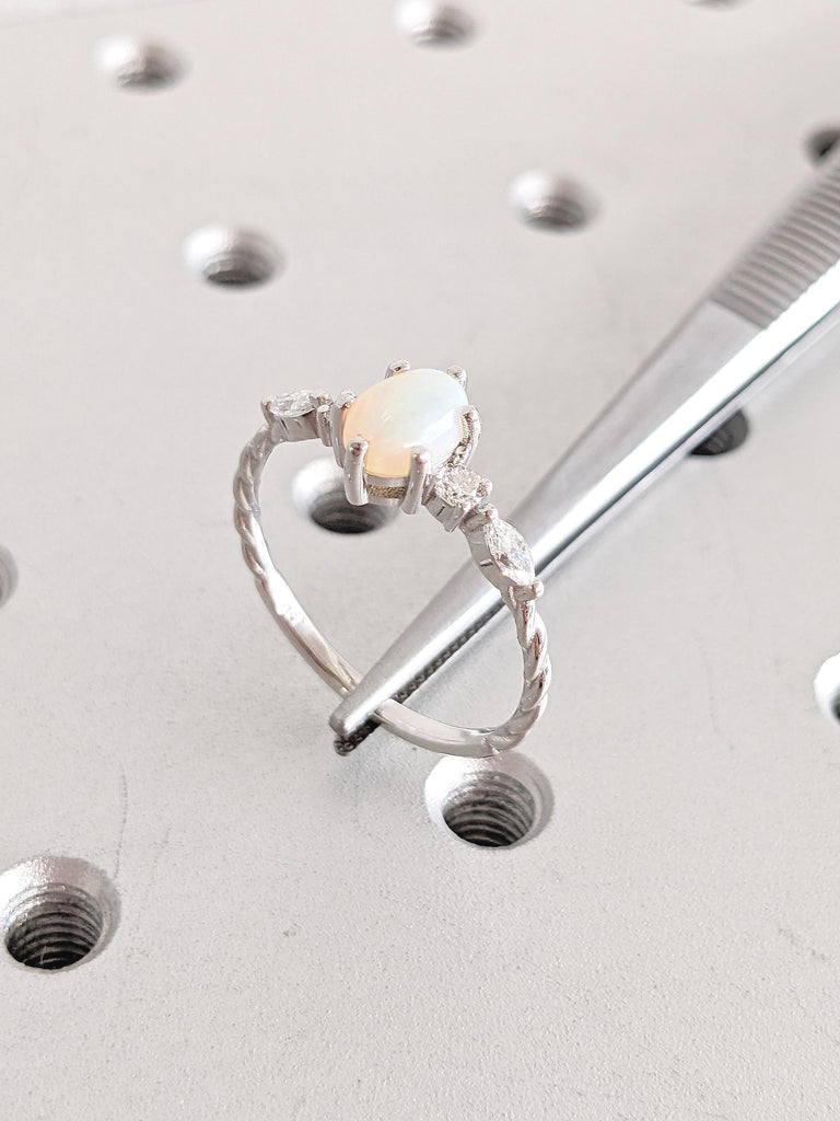 Oval Opal Engagement Ring, 18k Gold Ring, One of a Kind Opal Ring for Women, October Birthstone Ring, Opal and Moissanite Ring, Gift for Her