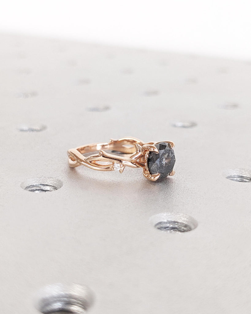 Nature Engagement Ring - Salt and Pepper Diamond Round Cut Ring - Twig Ring - Thorn Branch Nature Ring - 14K Rose Gold Promise Ring for Her